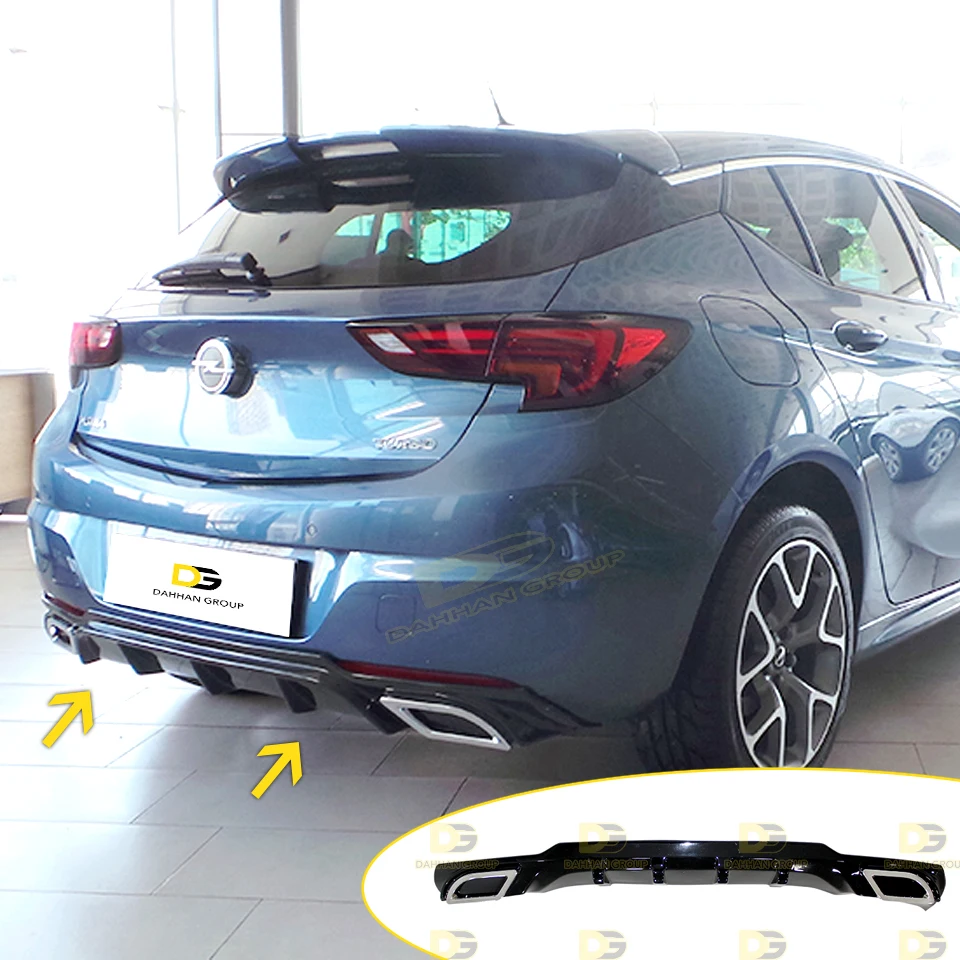 Opel Astra K 2015 - 2021 Sport Style Rear Diffuser Lip With 2 Chrome Tips Left and Right Piano Gloss Black Plastic OPC Kit
