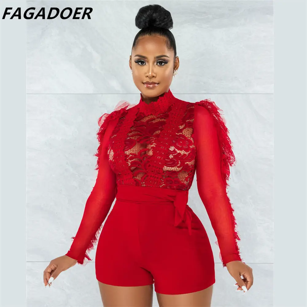 FAGADOER Elegant Lace Ruffles Romper Mesh Patchwork Sexy Ladies Office Party Club Playsuit Fashion Turleneck One Piece Jumpsuit