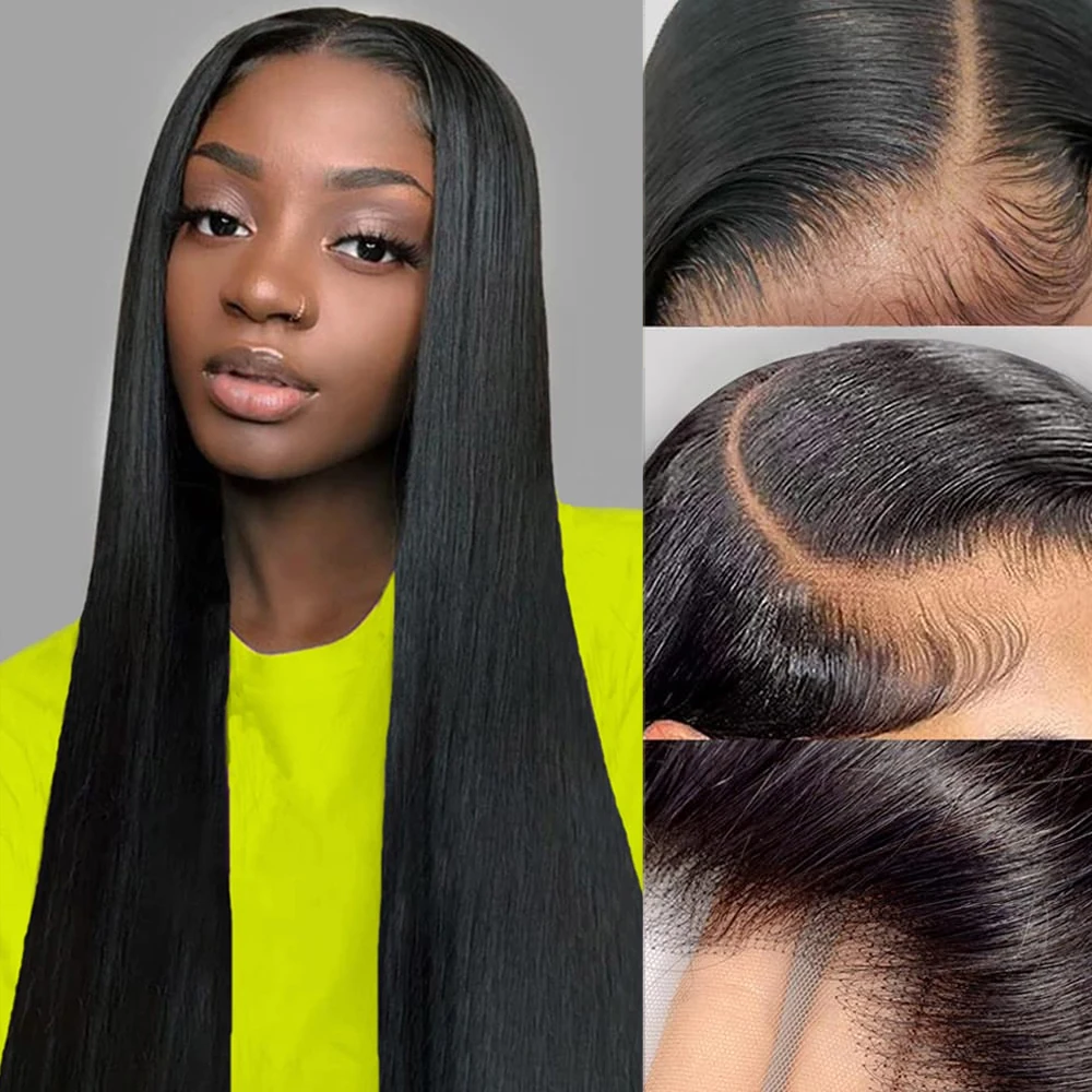 Long Straight Synthetic Hair Lace Wigs with Baby Natural Hairline Free Part 13X4 Frontal Wig For Black Women 30inch