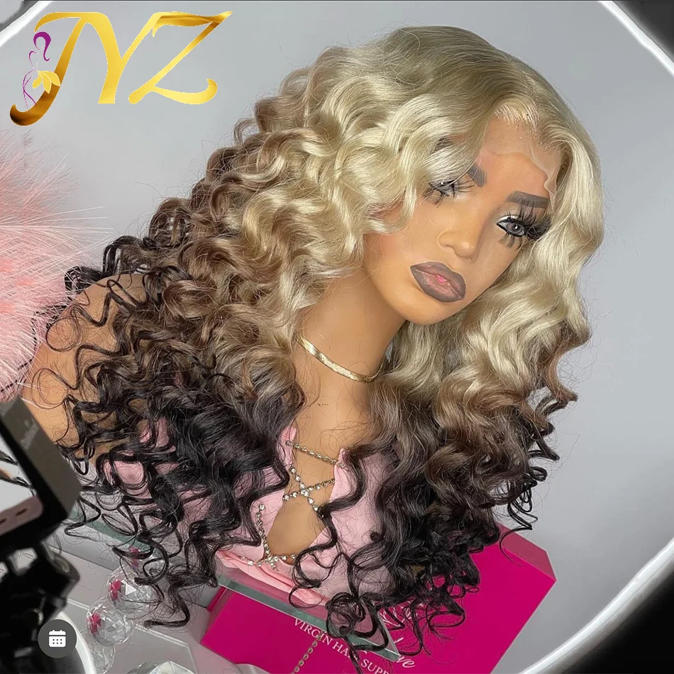 

Ombre 613 Brown Lace Frontal Wigs Bouncy Curly 13X4 Lace Front Wig 150% Density Brazilian Remy Highlight Colored Human Hair JYZ