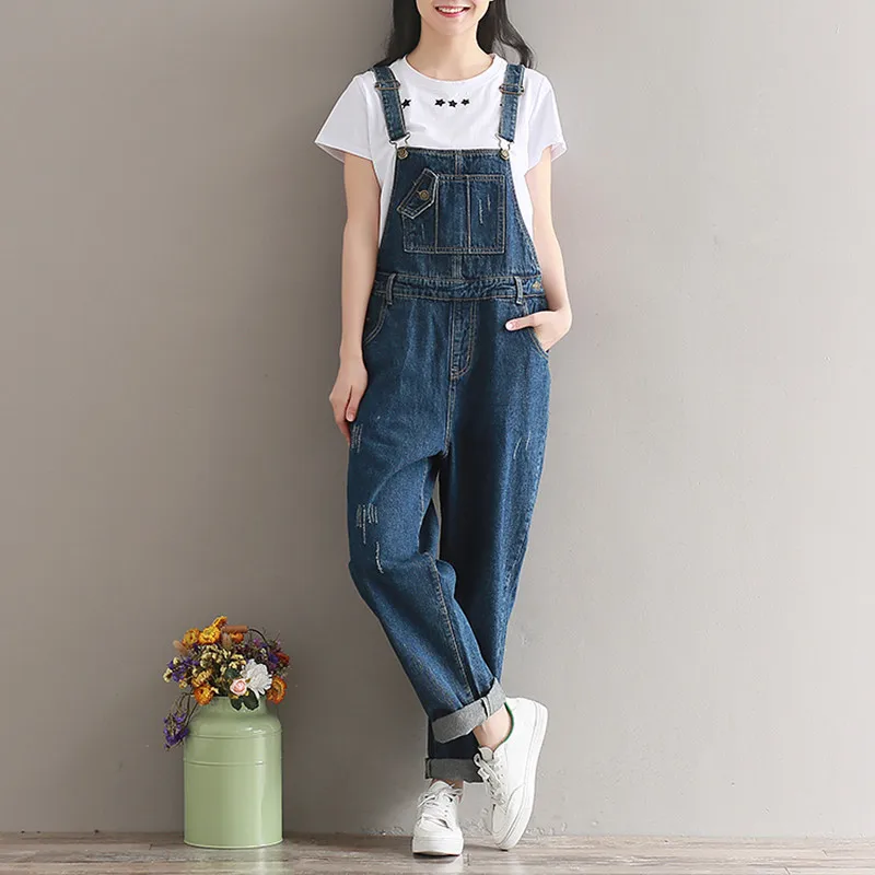 Denim Women Overalls High Waist 2020 Spring Casual Straight Ripped Jeans With Pockets Loose Jumpsuits and Rompers for women