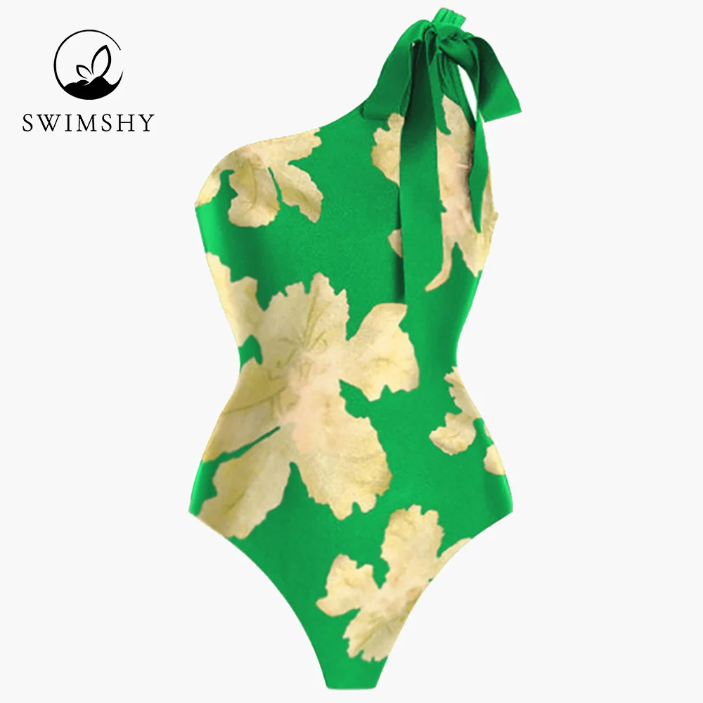 Green Fashion One Shoulder Floral Print Swimsuits Sexy Chic Bikinis Summer Beach Wear Swimming Biquini Women's Bathing Suit Slim