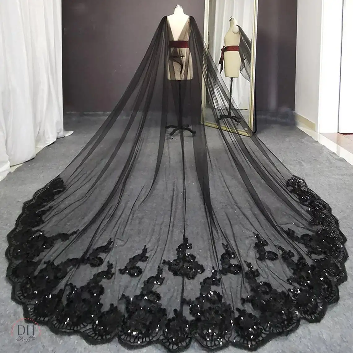 

3M Long Black Lace Wedding Veil Bridal Bolero Sequined Bride Jacket Wedding Cape For Photo Shoot Cathedral Length Shawl Wraps