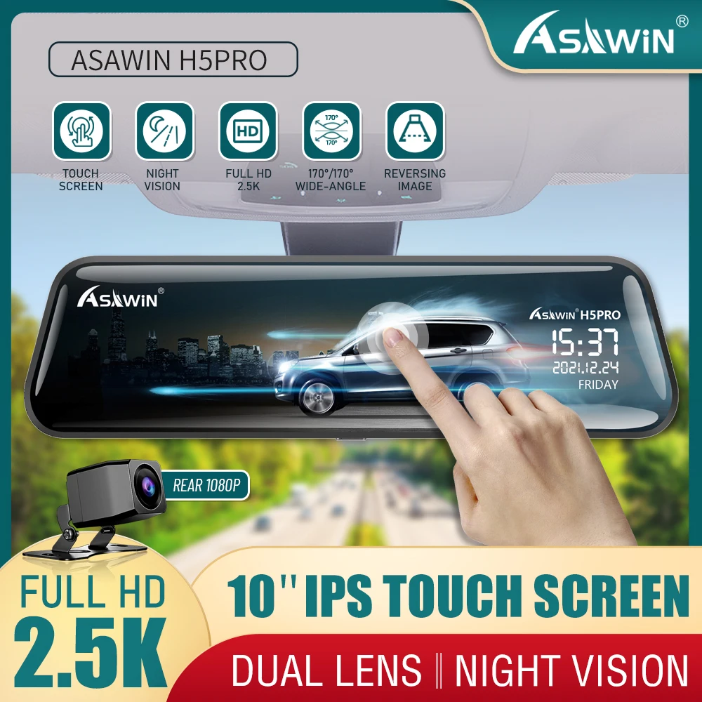Asawin H5PRO10 Inch 2K 1440P CAR DVR Camera Mirror Dual Lens Dash Cam Touch Screen Video Recorder Registrator Night Vision