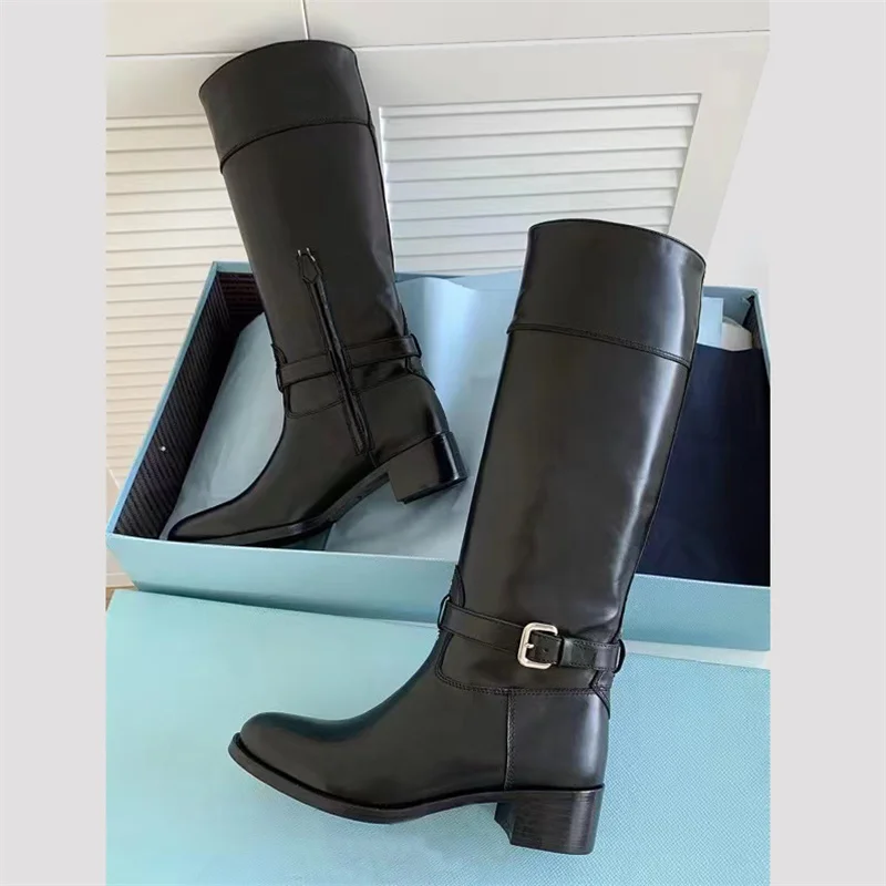 

Round Head Thick Heel Long Boots Knee High Women Shoes Fashion Outdoor Solid Color Buckel Strap Botas Femininas