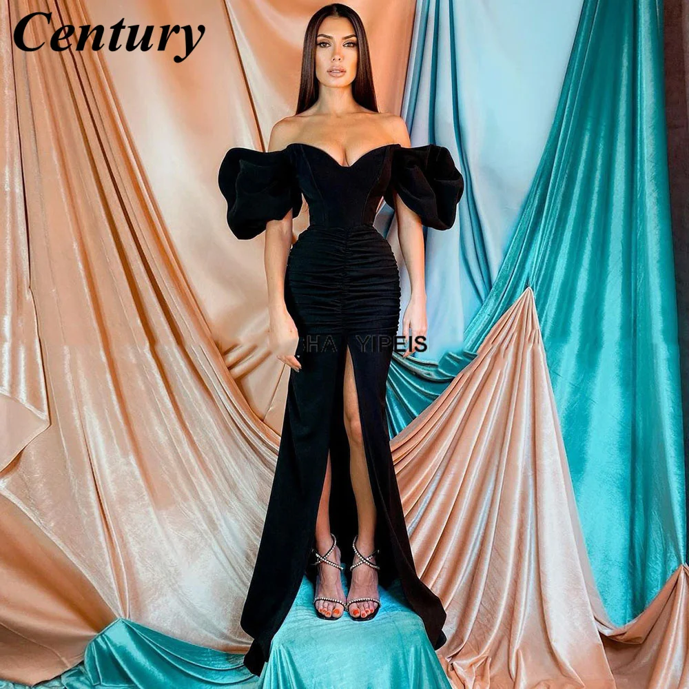 

Century Sexy Black Evening Dresses Off-shoulder Front Slit Prom Gown Floor Length Puff Sleeve Mermaid Party Dress Robe De Soire