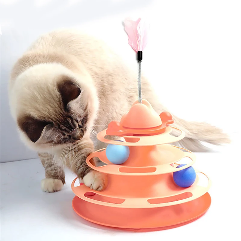 

Cat Toy Tower Interactive Turntable Ball Feather Stick Tease Cat Toys Fun Roll The Ball For Dog Kitten Pet Supplies