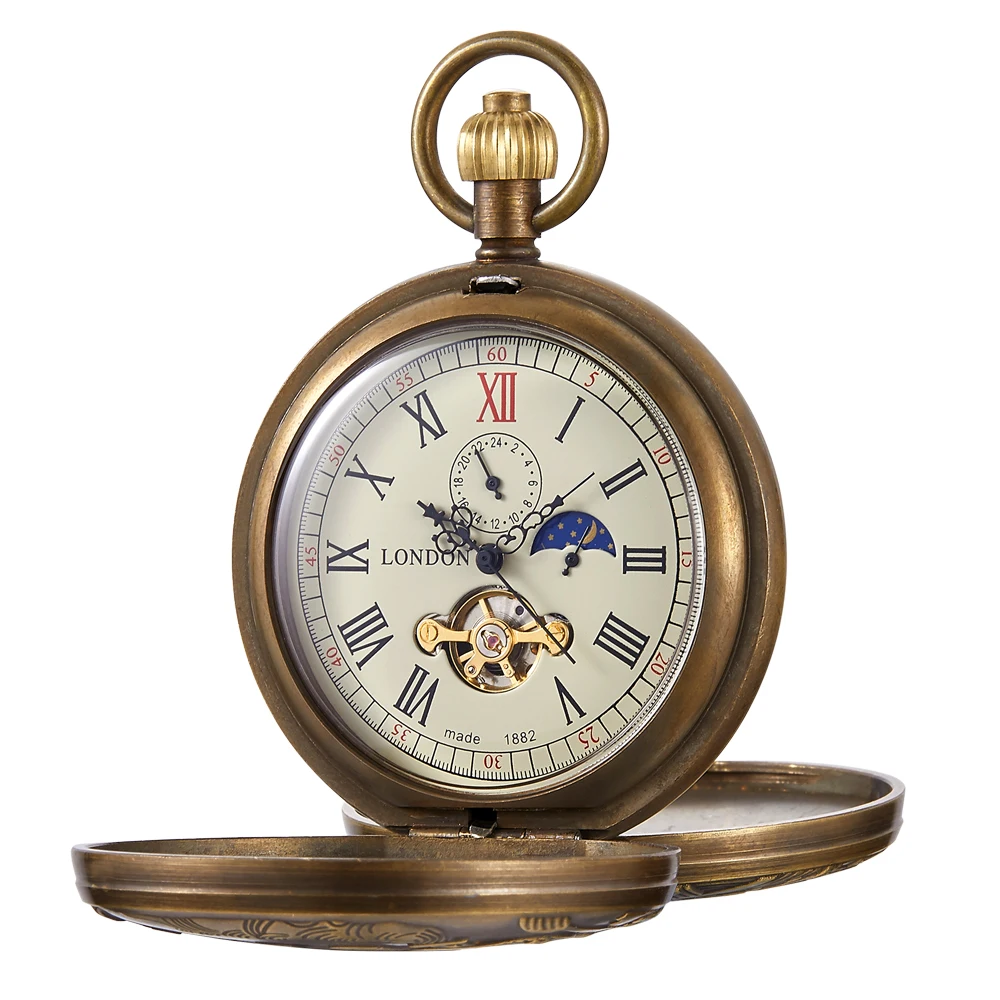 Antique Double Sided Train Shaped Engraved Pocket Watch Mechanical Movement Clock Necklace Retro 2 Sides Open Case Pendant