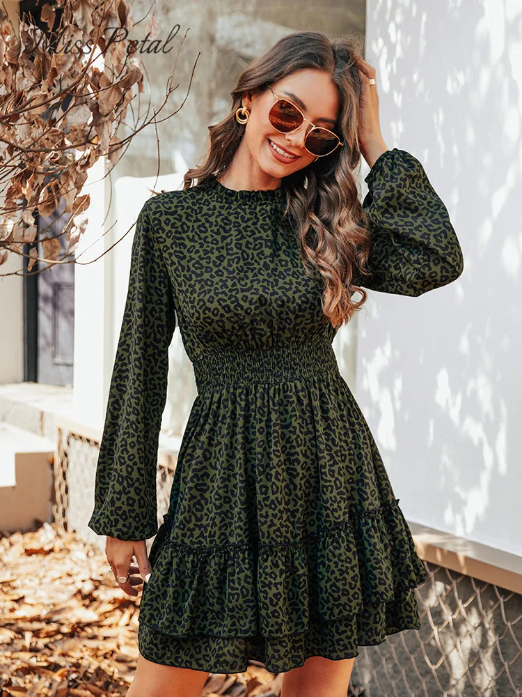 

Женское платье-мини с воланом и ложным воротником, темно-зеленое леопардовое платье в несколько рядов, весна-осень 2023