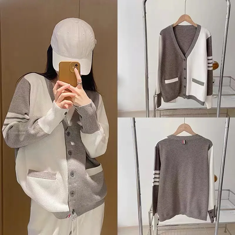 TB THOM Women's Sweaters 2022 Spring Korea Fashion Sweater Waffle Cotton Fun-mix Color 4-Bar Stripes Cardigan Harajuku Sweaters