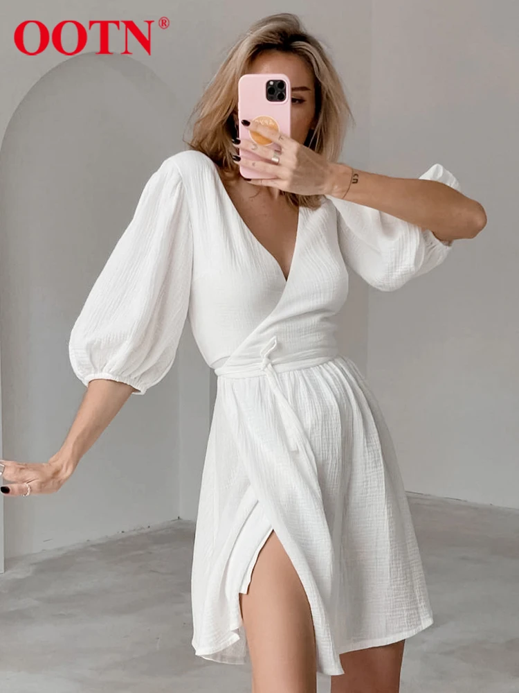 

Элегантное белое платье с запахом OOTN, офисное мини-платье трапециевидной формы с v-образным вырезом из 100% хлопка, женское удобное простое се...