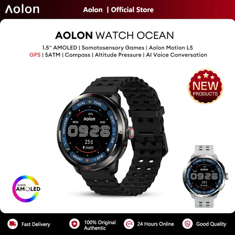 Фото Умные часы Aolon Ocean 5ATM с GPS, двухчастотным модулем, военным уровнем защиты, AMOLED-дисплеем, встроенным ИИ (ChatGPT) и фитнес-трекером для плавания и активного отдыха №1