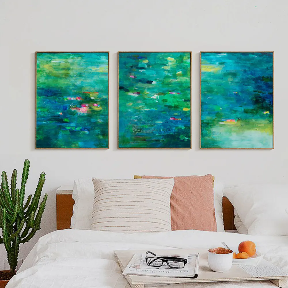

Wall Art Prints, Green and Blue Abstract Painting Landscape Prints, Living Room Decor ,Set Modern Abstract Wall Decor Poster