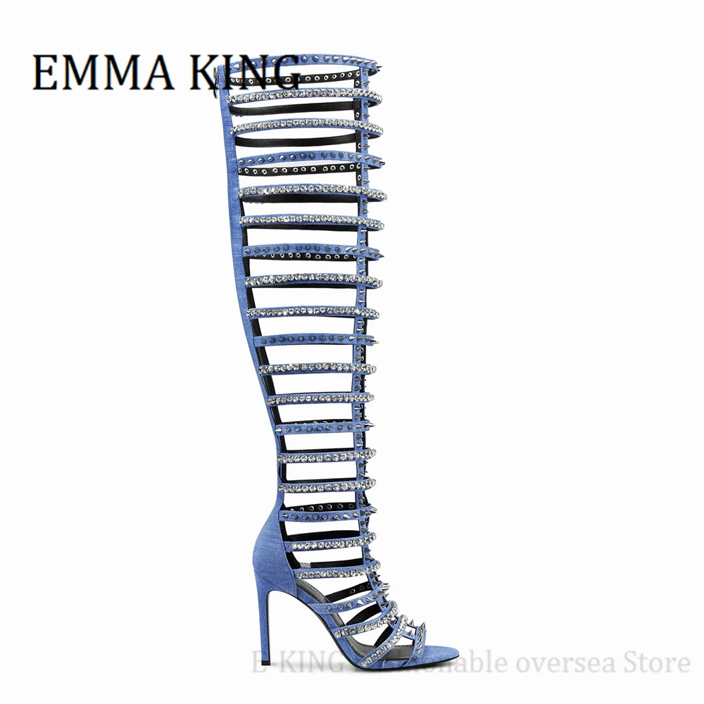 Женские босоножки-гладиаторы на шпильке синие джинсовые Босоножки с открытым