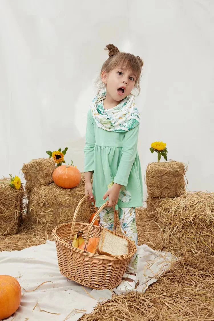 

Girlymax Fall/Winter Baby Girls 3 Pieces Scarf Children Pumpkin Floral Leaves Milk Silk Outfit Boutique Pants Set Kids Clothing