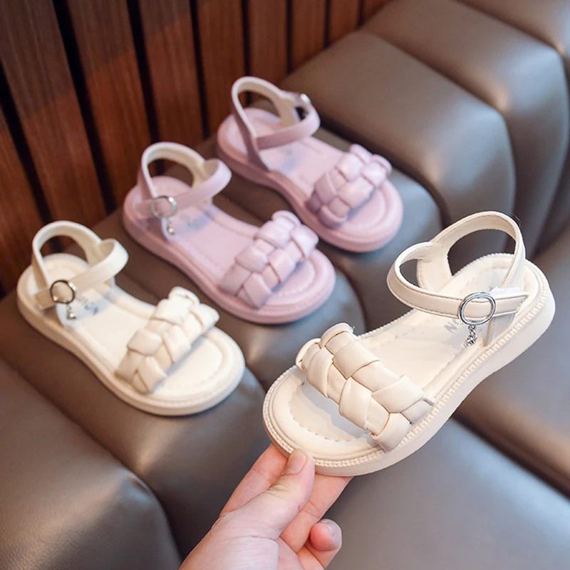 

Popular Girl Sandals Summer Kid Princess Shoes Breathable Braided Leather Non-slip Flat Casual Beach Sandales for Children 4-12Y