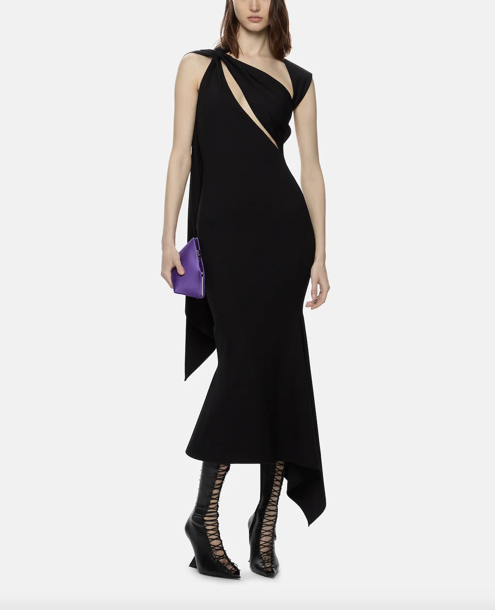 

Женское асимметричное платье средней длины, черное платье с вырезом, открытой спиной и драпировкой, вечернее праздничное платье в стиле High Street, лето 2023