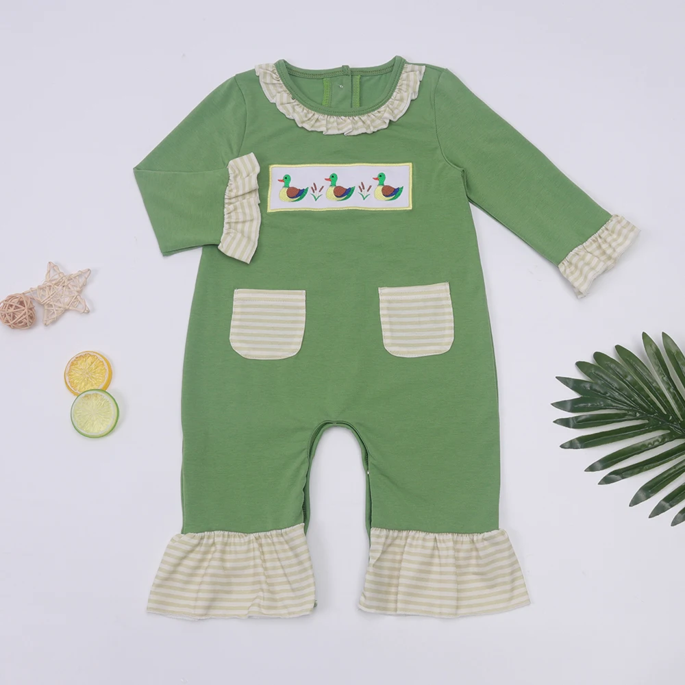 

New Born Romper Babi Girls Clothes Cute Duck Embroidery Bodysuit Long Outfit Sleeve One Piece Pants Lace Jumpsuit For 0-3T Babi