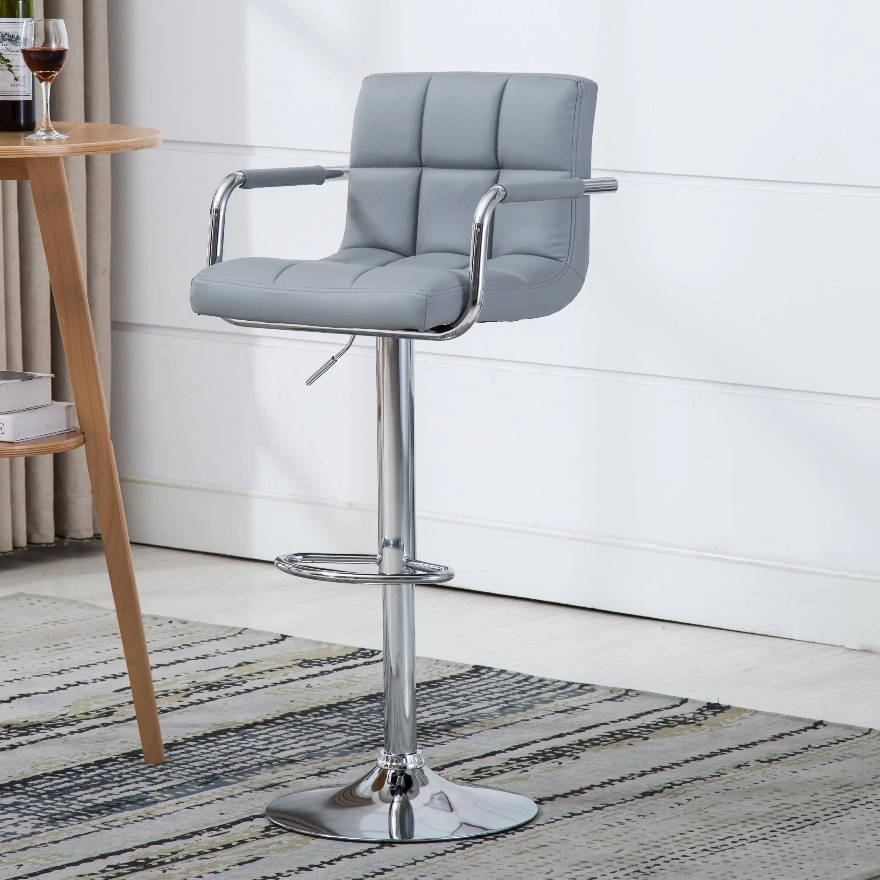 

Contemporary Adjustable Swivel Arm Bar Stool with Cushion, Gray