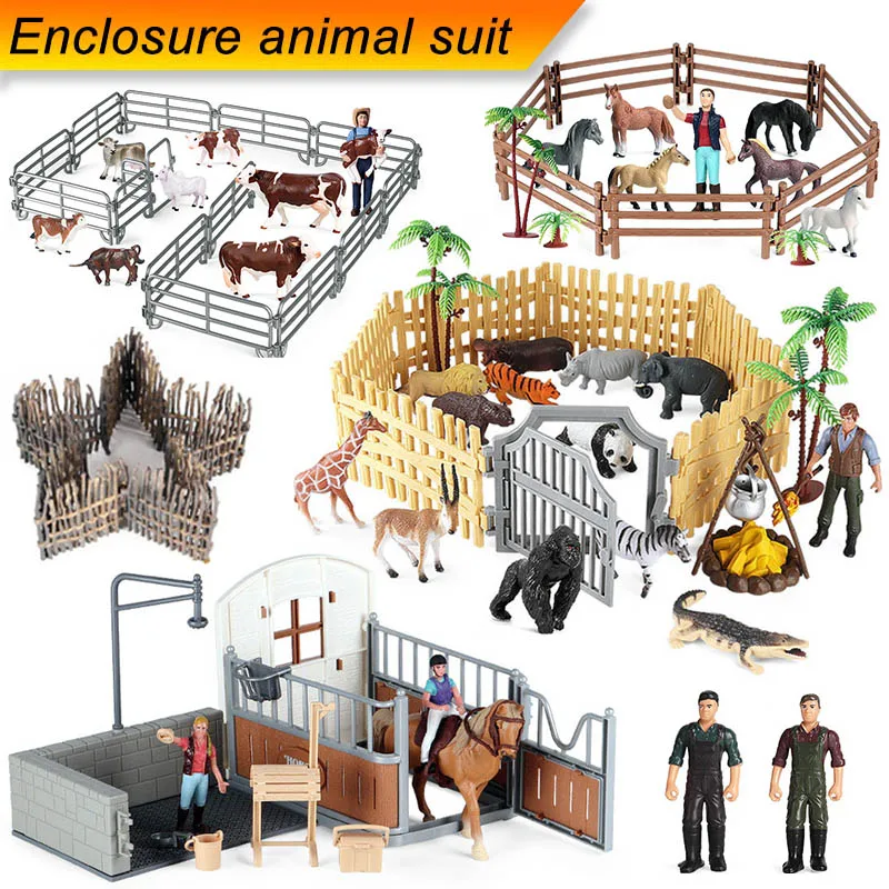 Simulation Farm Animals Set Horse Stable Cow Sheep Fence Scene Suit Action Figures Poultry Horseman Figurines Education Toy Gift