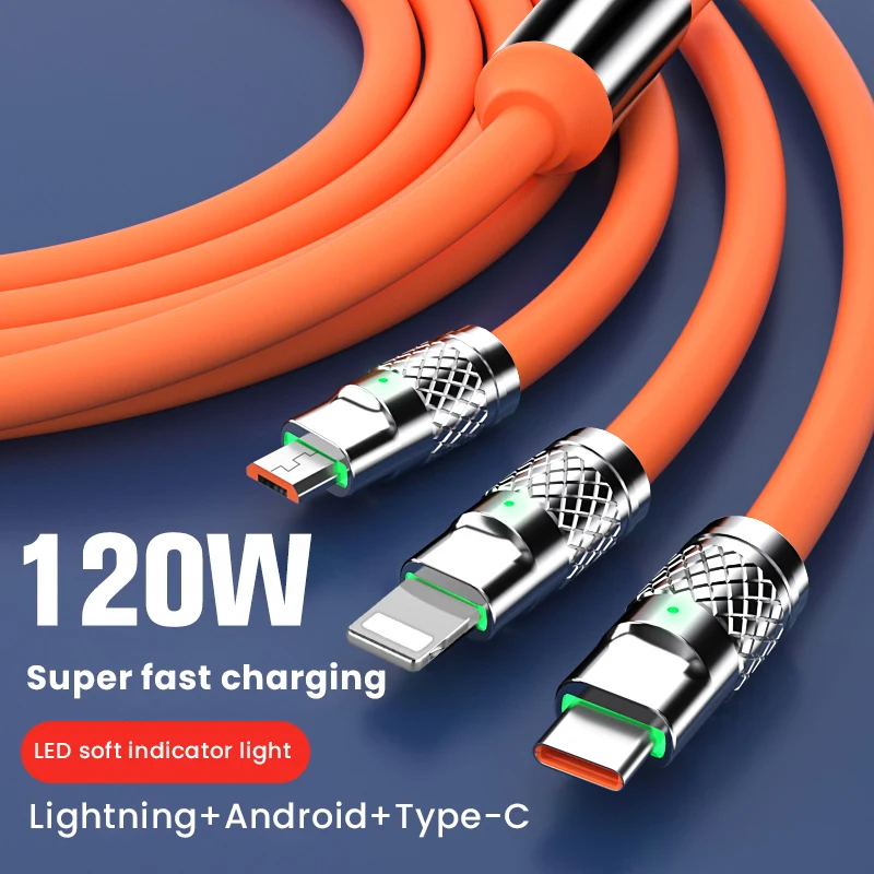 

Кабель зарядный 3-в-1 USB Type-C, 6 А, подходит для IPhone 14 13 Samsung Xiaomi Huawei