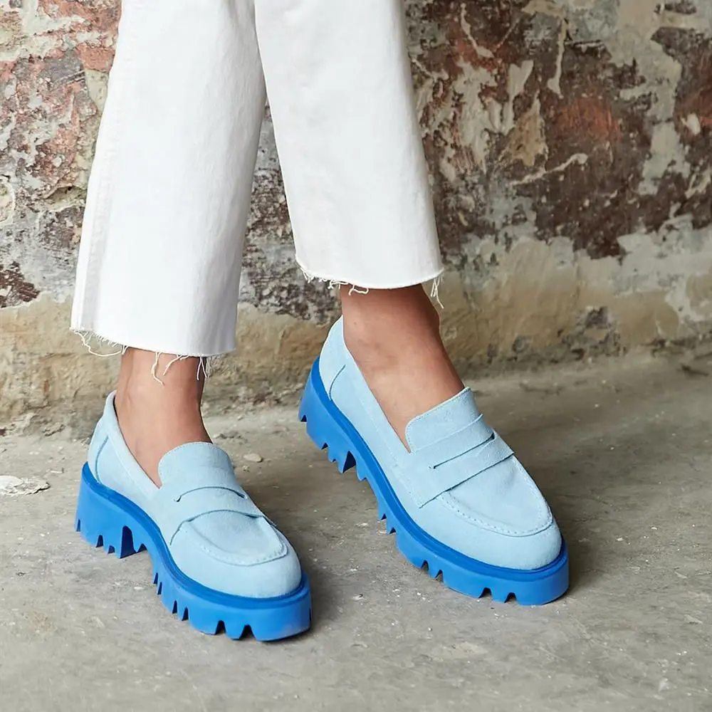 Aysu Quality Genuine Leather Flat Platform Light Sole Loafer Poshnmore Gold Silver Orange Green Blue Pink Fuchsia Smoked Oxford