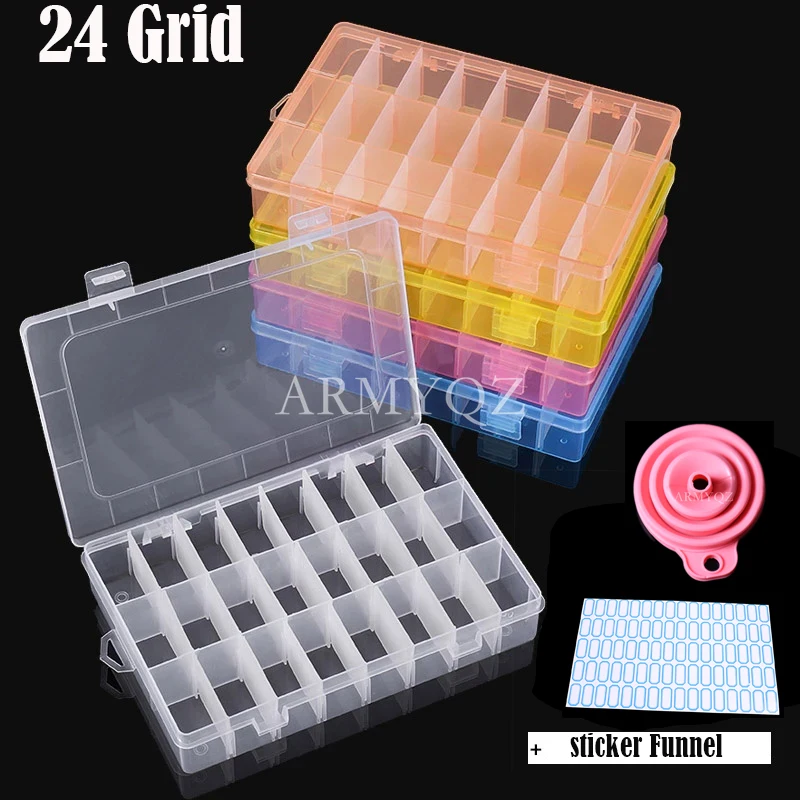 

24 Grids Embroidery Diamond Painting Organizer Box With Funnel Sticker Plastic DIY Cross Stitch Storage Box Sewing Tools