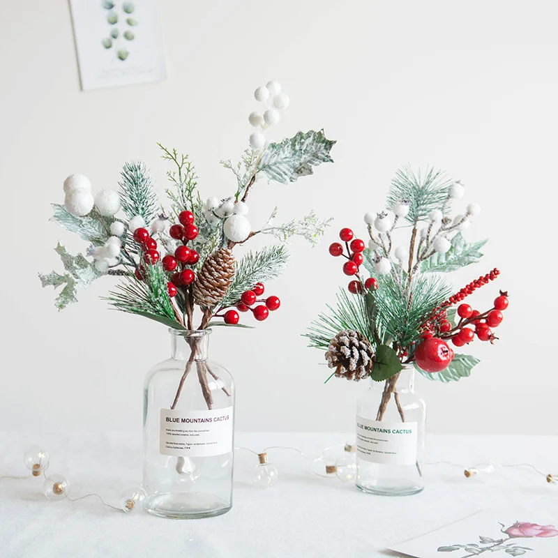 

Christmas Berries Cotton Pine Picks Branches Snow Covered Pine Needle Stems with Red Berries for DIY Crafts Xmas Tree Decoration
