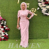 haowen aso ebi lace evening dresses with long sleeves appliques high neck muslim prom dress plus size pleats pink