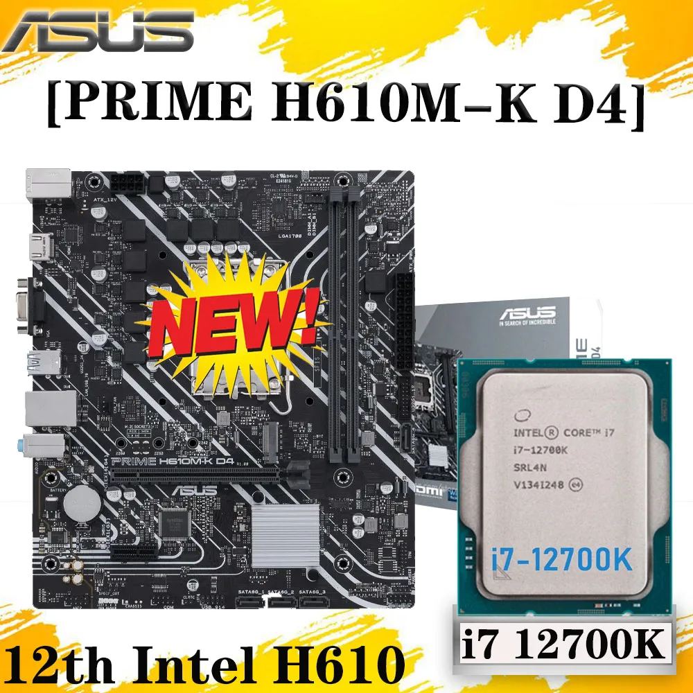 

ASUS PRIME H610M-K D4 Motherboard Set With Intel Core i7 12700K DDR4 64G PCI-E 4.0 USB3.2 LGA 1700 H610 ATX Mainboard Combo New