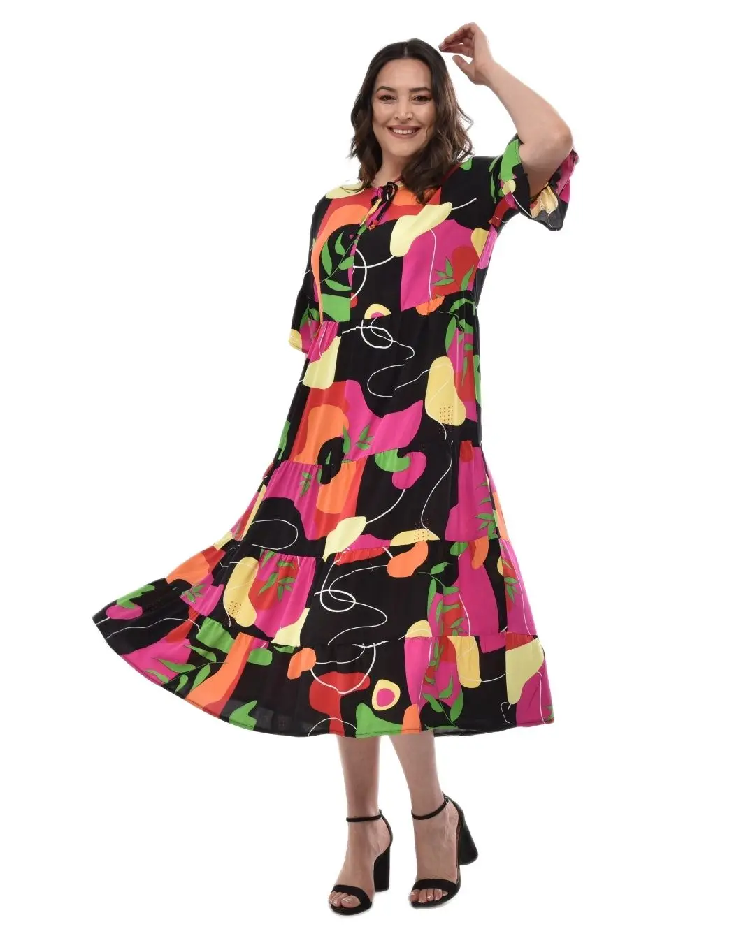 Women’s Plus Size Dress Colorful Print And Collor Detail, Designed and Made in Turkey, New Arrival