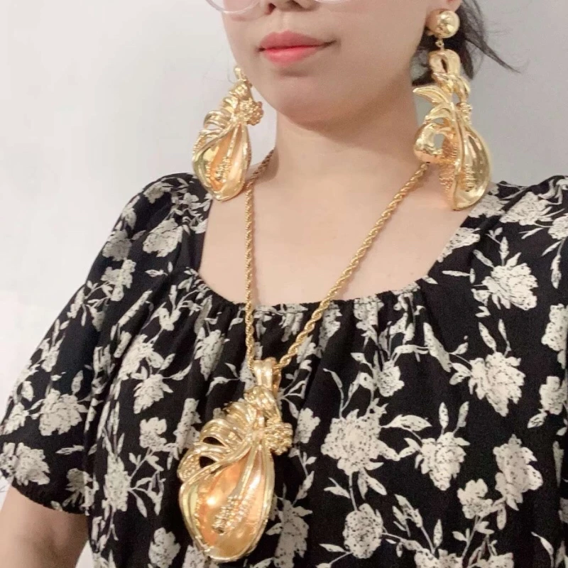 Ювелирный набор Yulaili Oversize Leaf Flower: позолоченные серьги и ожерелье из сплава для свадеб и вечеринок в нигерийском и дубайском стиле (art.: 3920da2ef7257) - 3920da2ef7257