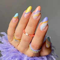 24 pcs press on nails rainbow pattern french style decals almond shaped artificial false acrylic nails art packing in box
