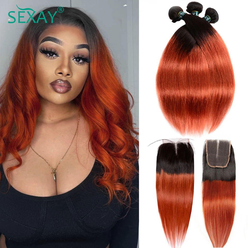 Sexay 1B Orange Hair Bundles With Closure Dark Roots 2 Tone Raw Indian Human Hair Weave Ombre #350 Straight Bundles With Closure