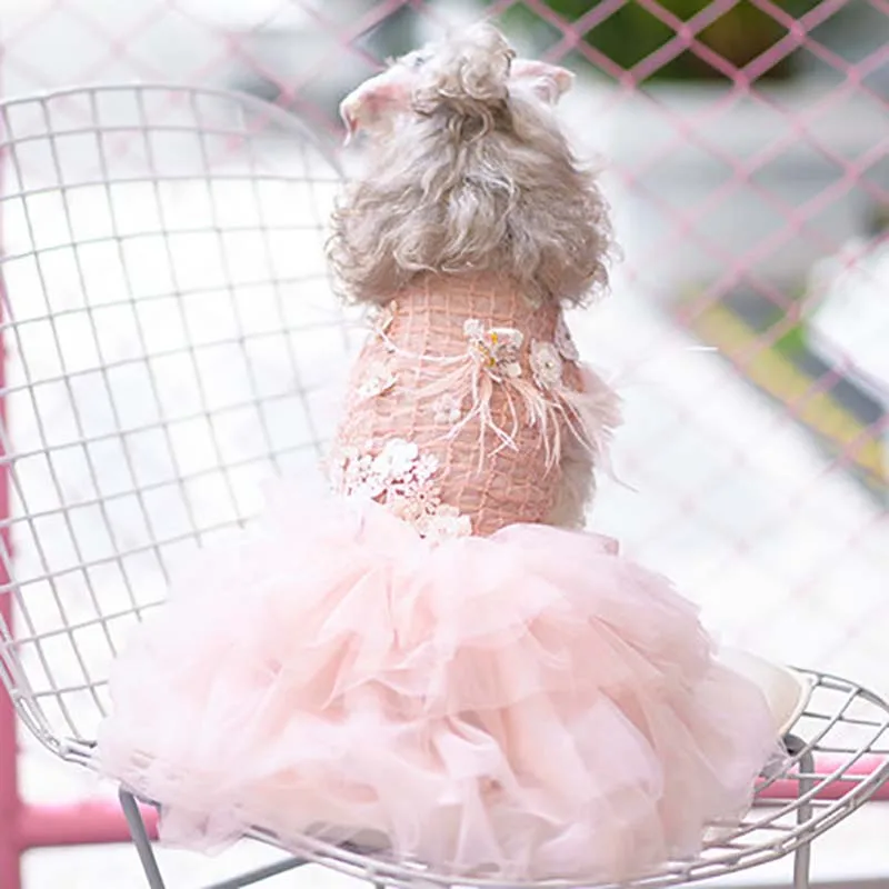 

Wedding Bride Dress in Handmade Flowers,Long Tail Luxury Princess Pet Dog and Cat Dresses, Pink Skirt