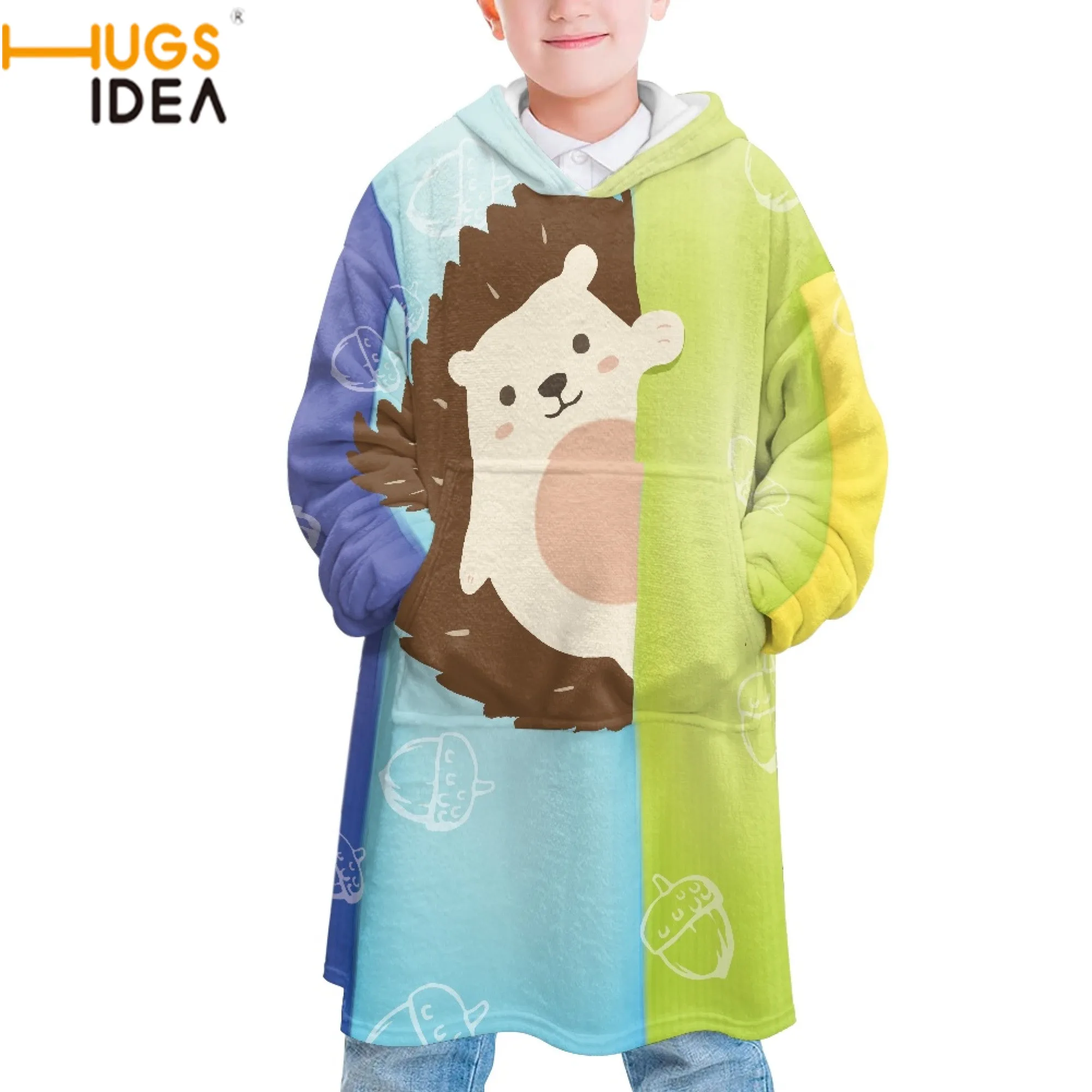 

HUGSIDEA Cartoon Hedgehog Pattern Kids Oversized Hoodie Blankets Funny Cute Children Clothing Durable Super Soft Flannel Sweater