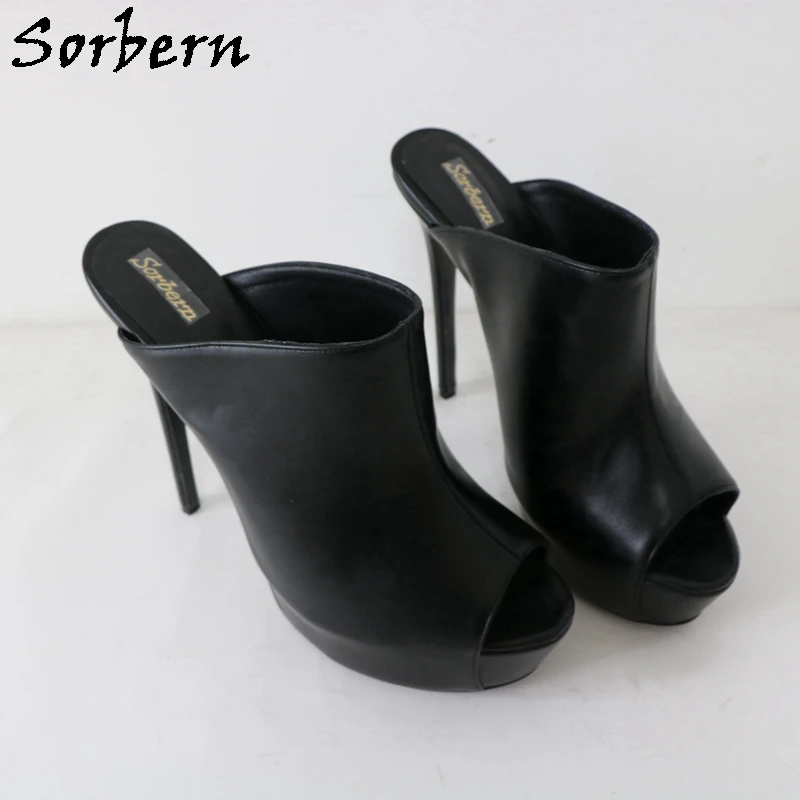 Sorbern Black Matt Women Slipper Open Toe Stilettos High Heel Platform Shoes Slip On Outdoor Unisex Summer Shoe 16Cm Heeled