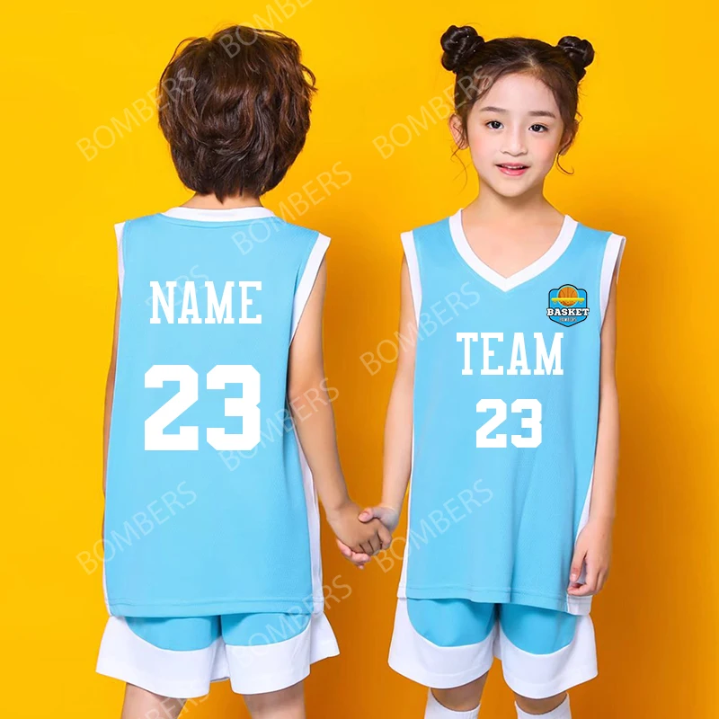 

Boys Girls Basketball Uniform Outfit DIY Customize Kids Basketball Jersey Suit 2 Piece Vest Shorts Sportswear 2023 Summer New in