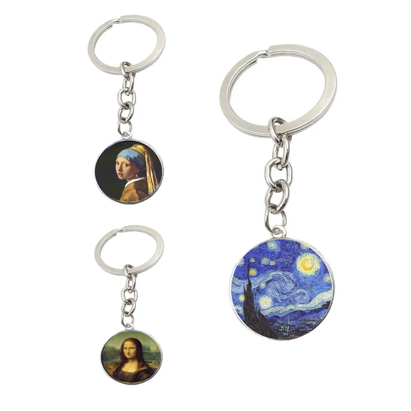 

Брелки из сплава с изображением Ван Гога Моны Лизы, очаровательный стеклянный брелок с кабошоном, кольцо для ключей, ювелирные изделия для а...