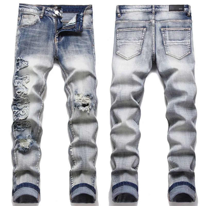 

Fashion Letters Logo Jeans Men Jeans Ripped Stretch Slim Fit Pants Skinny Jeans Long Pants Blue