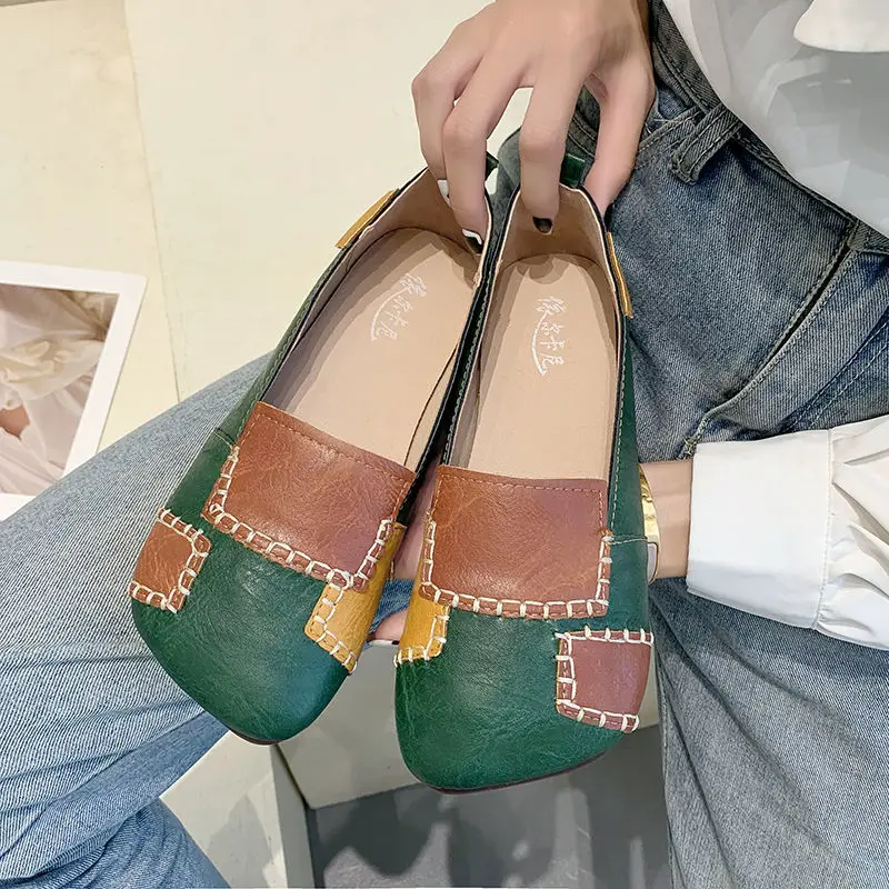 Designer Patches Ballet Flats Women's Summer Autumn Leather Moccasins Woman Green Flat Shoes Elegant Slip On Loafers Female Shoe
