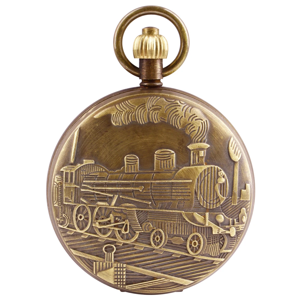 Antique Double Sided Train Shaped Engraved Pocket Watch Mechanical Movement Clock Necklace Retro 2 Sides Open Case Pendant