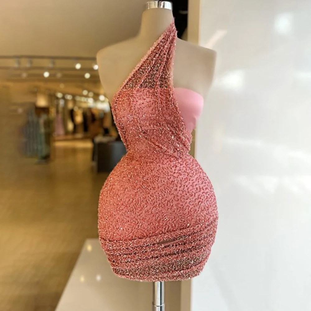 

Satin Pink Prom Gowns Straight Satin Evening Dress Above Knee Sequined Halter Sexy Glitter Party Dresses Robe Cocktail Femme