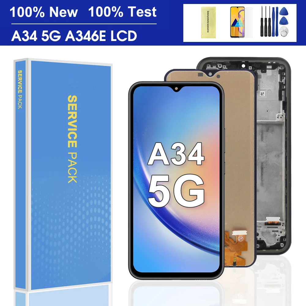 

100% Tested For Samsung Galaxy A34 5G SM-A346E A346B LCD Display Touch Screen With Frame Digitizer Assesmbly Replacement Parts