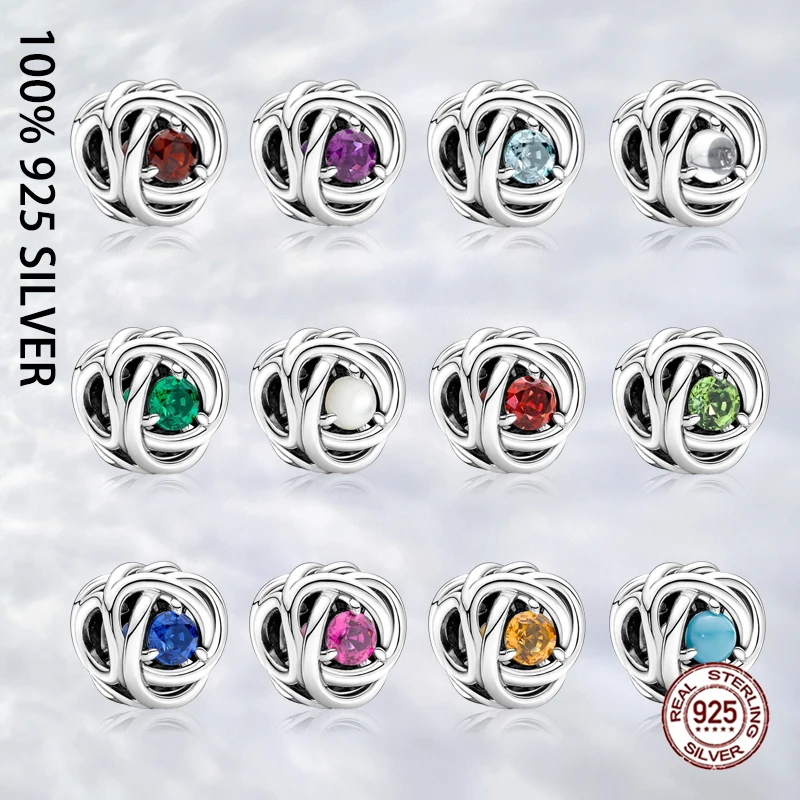 

Fit Original Real 925 Sterling Silver 12 Months Colorful Mother of Pearl Eternity Circle Charm For Women Bracelet DIY Jewelry