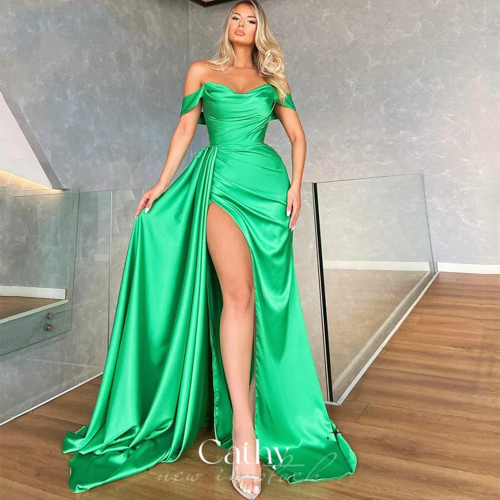 

Cathy Sexy Side Split Vestidos De Noche Light Green Evening Dresses Beach Mermaid Party Gowns Short Sleeve Maxi Prom Dress