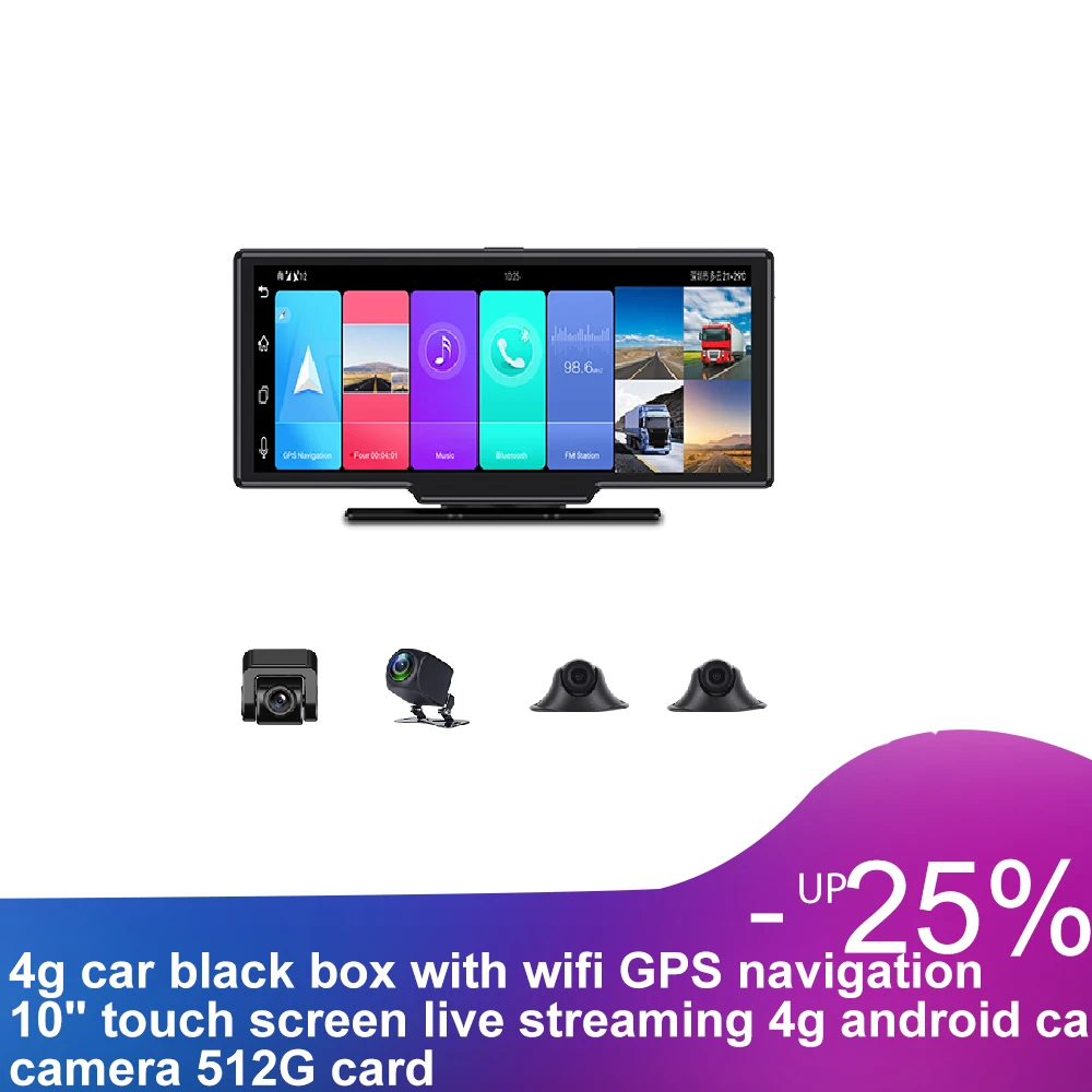 

4g car black box with wifi GPS navigation 10" touch screen live streaming 4g android car dvr camera 512G card