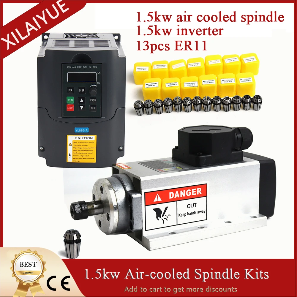 

New CNC 1.5KW 220v/110v Air Square Cooling Spindle 1500W ER11 Air-cooled Milling Spindle + 1.5KW VFD Inverter + 13pcs/set ER11.