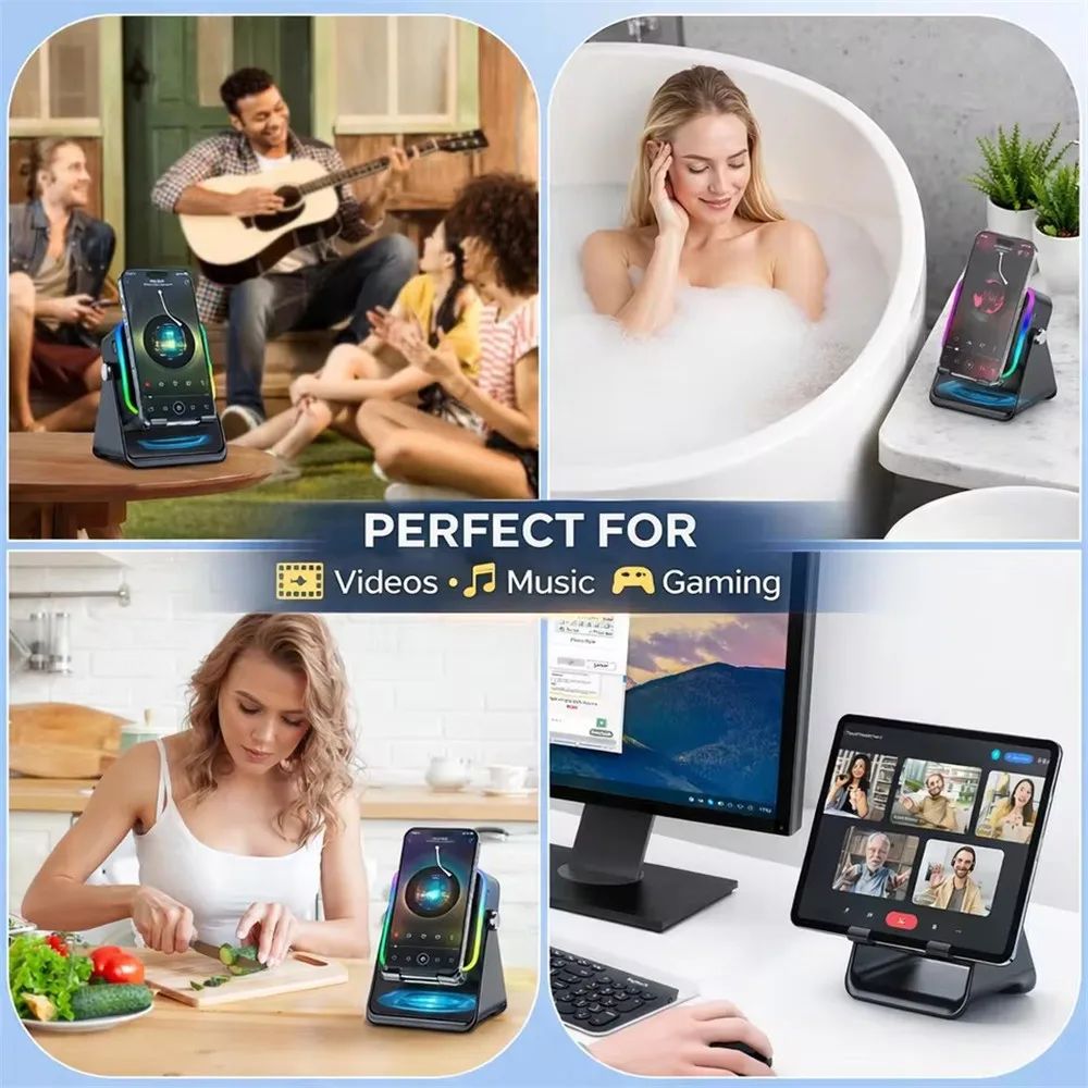 Фото Регулируемая подставка для телефона 2-в-1 с Bluetooth-колонкой и RGB-подсветкой, настольный держатель для просмотра фильмов в офисе, для смартфонов iPhone и Android №4