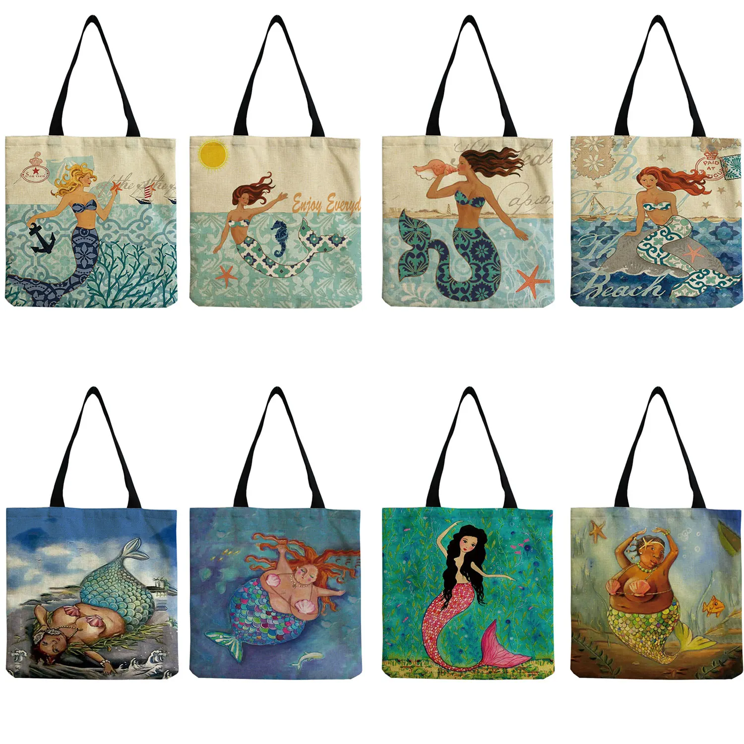 

Shopper Bag Tote Bag High Capacity Foldable Artistic Abstract Mermaid Printed Lady Customizable Eco Friendly Beach Bag Portable